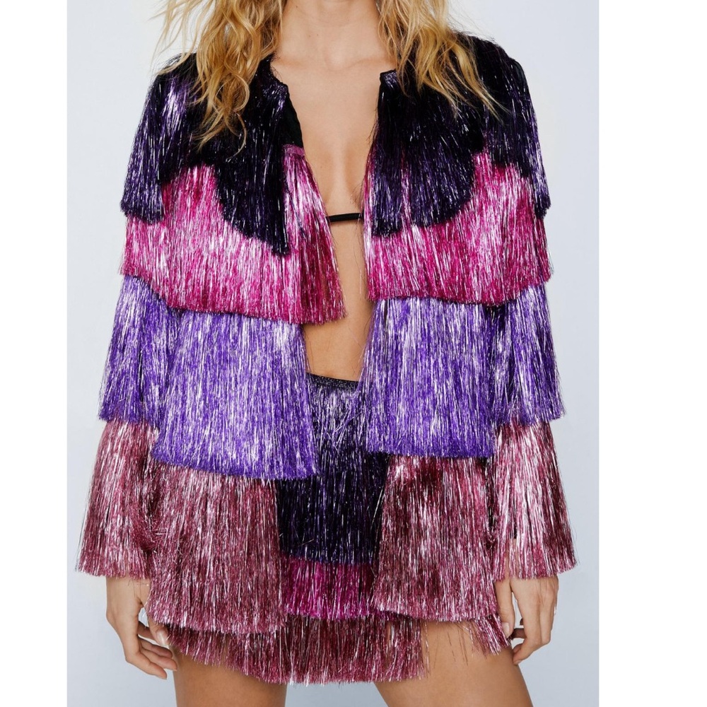 Nasty Gal Metallic Tiered Fringe Open Front Jacket